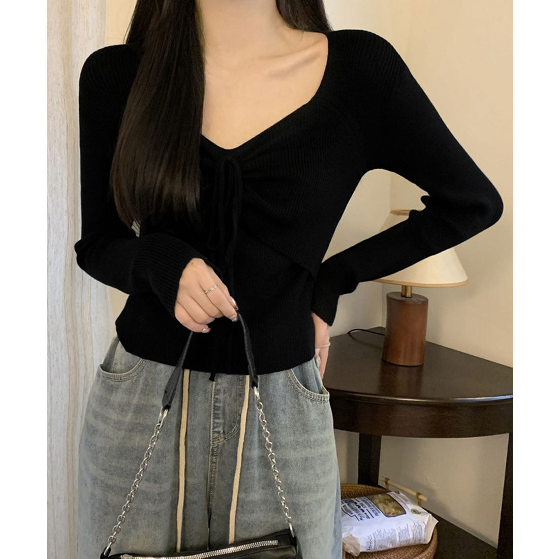 ミニミニストア miniministore ニットトップス レディース リボン付き （ブラック） ブラック