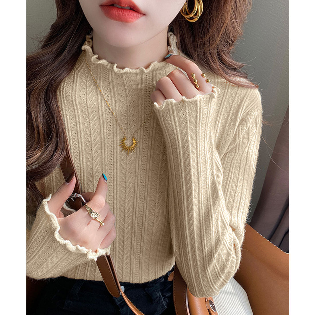 ミニミニストア miniministore ニットソー 長袖 プチハイネック 韓国風 （ベージュ） ベージュ