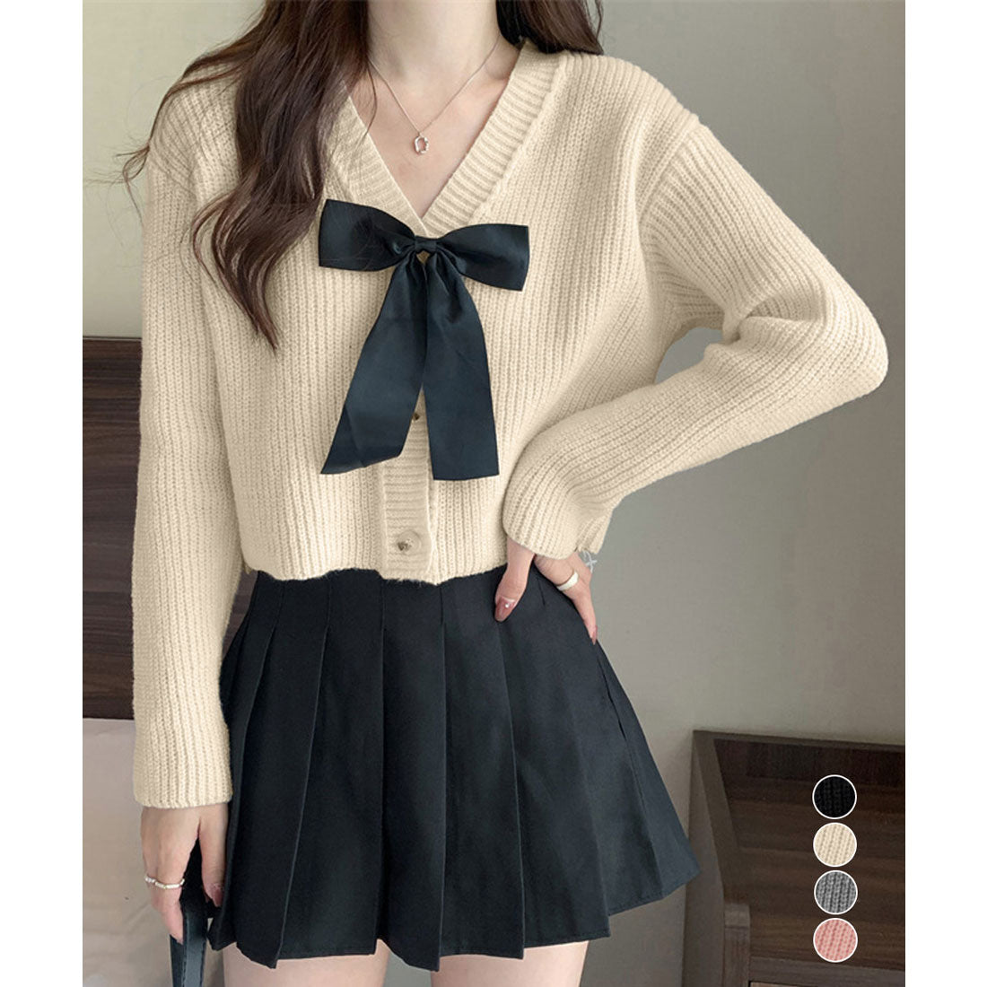 ミニミニストア miniministore ニットカーディガン リボン付 秋冬羽織り （ピンク） ピンク