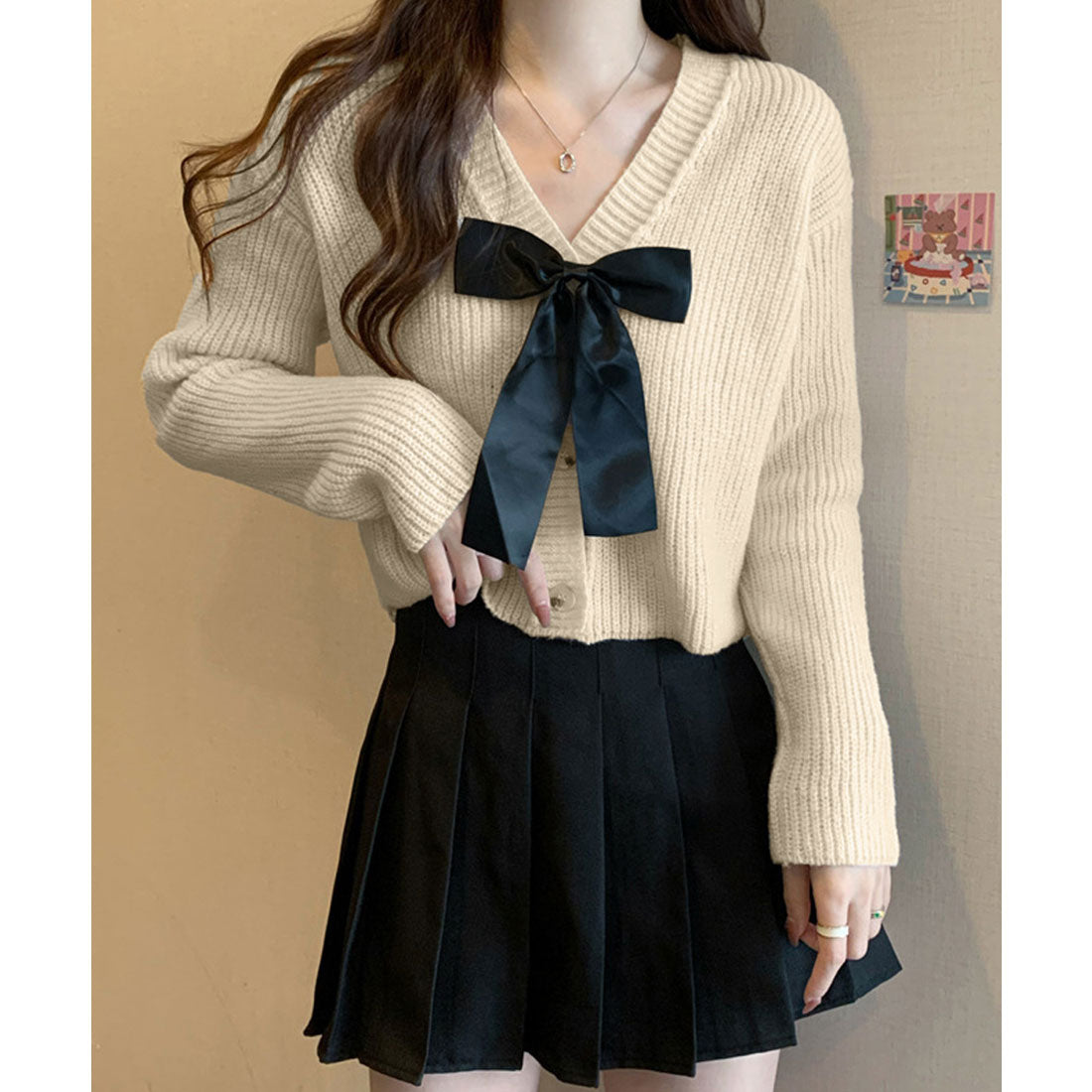 ミニミニストア miniministore ニットカーディガン リボン付 秋冬羽織り （ピンク） ピンク