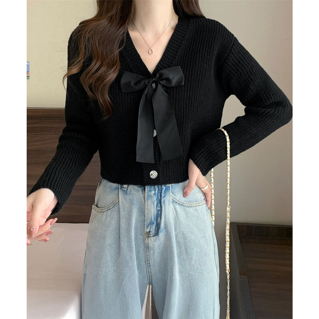 ミニミニストア miniministore ニットカーディガン リボン付 秋冬羽織り （ピンク） ピンク