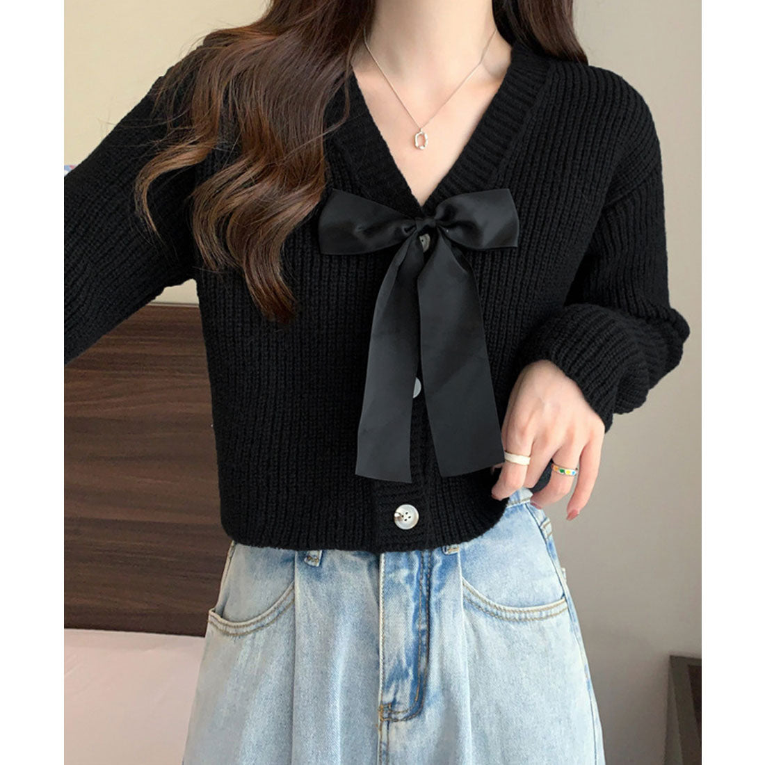 ミニミニストア miniministore ニットカーディガン リボン付 秋冬羽織り （ピンク） ピンク