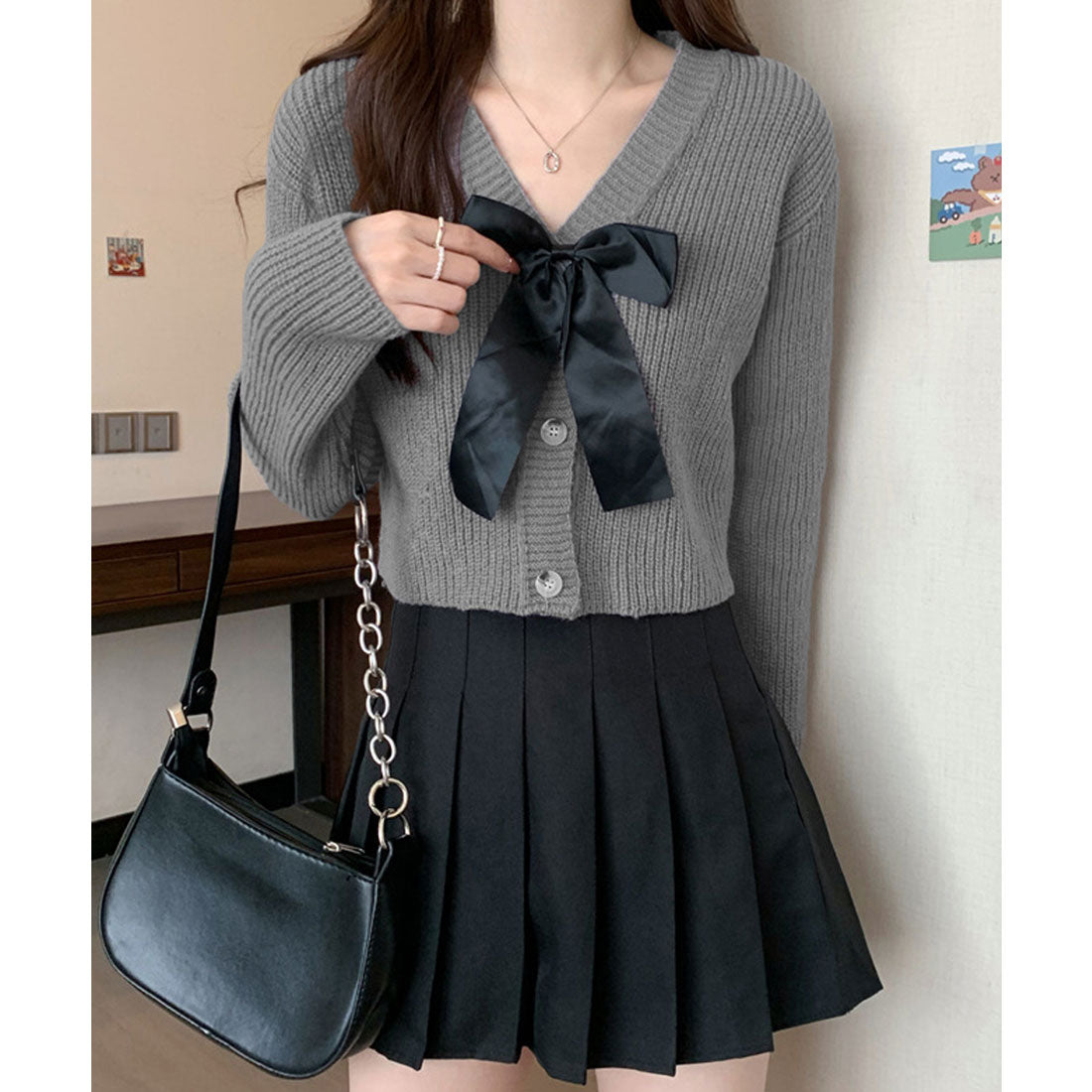 ミニミニストア miniministore ニットカーディガン リボン付 秋冬羽織り （ピンク） ピンク