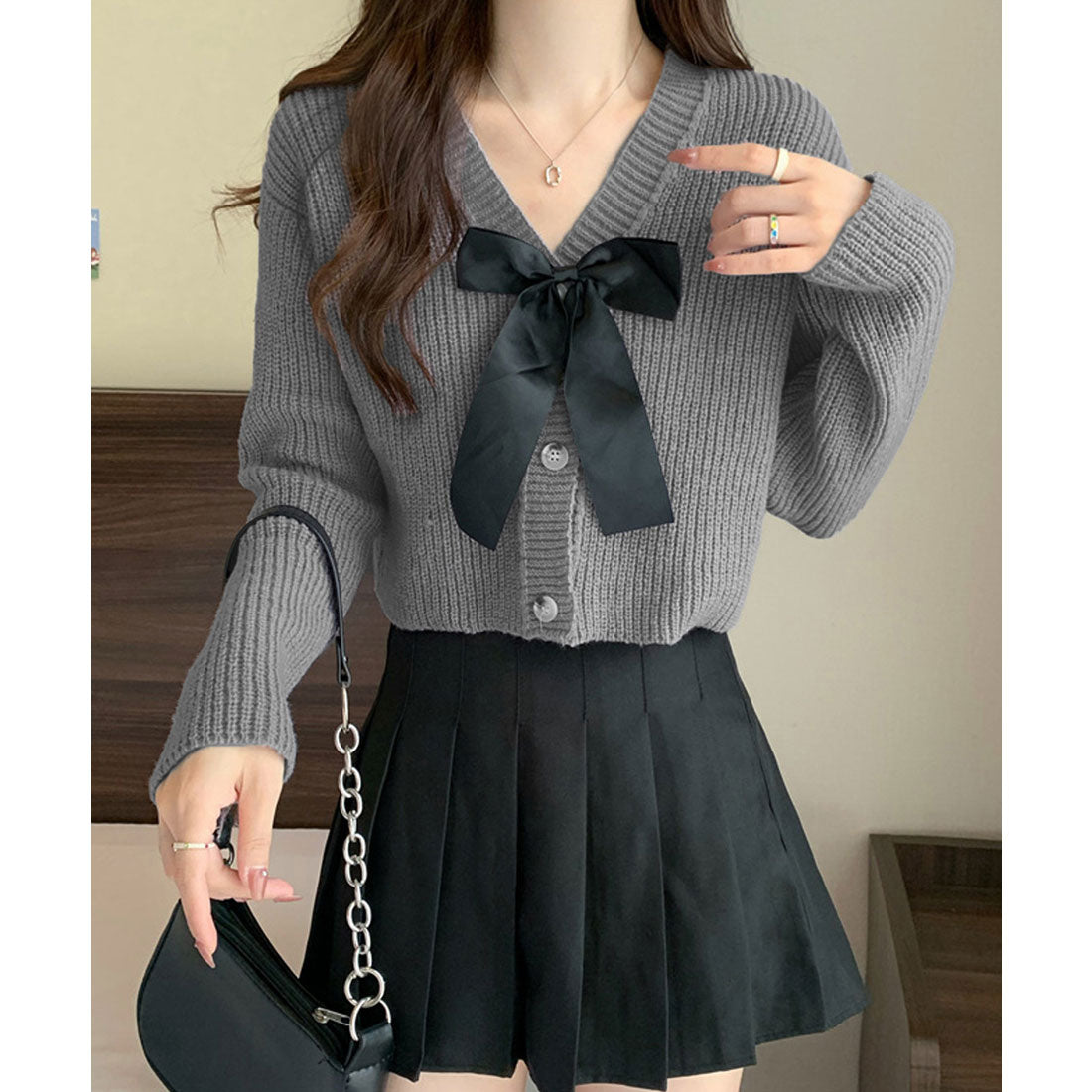 ミニミニストア miniministore ニットカーディガン リボン付 秋冬羽織り （ピンク） ピンク