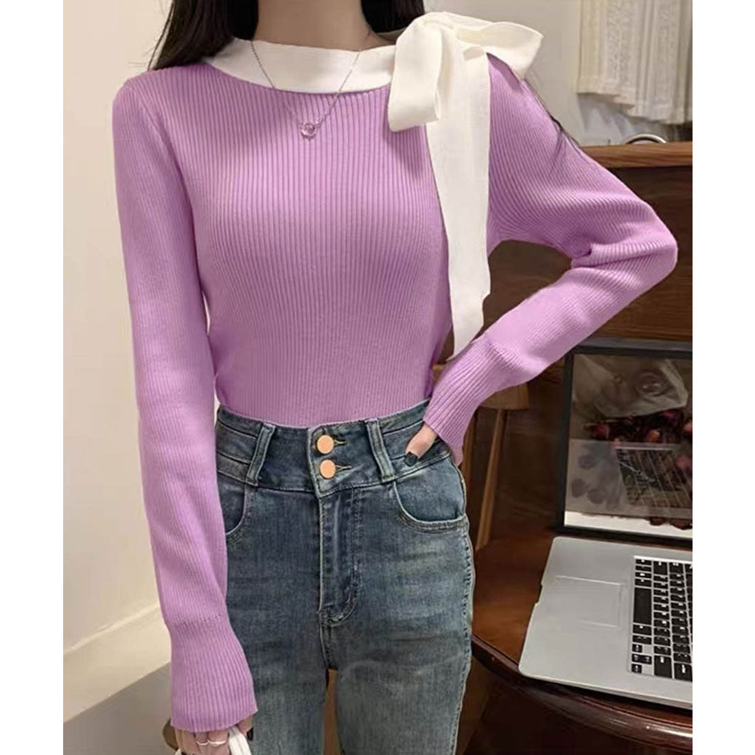 ミニミニストア miniministore リボンネック リブニット トップス （パープル） パープル