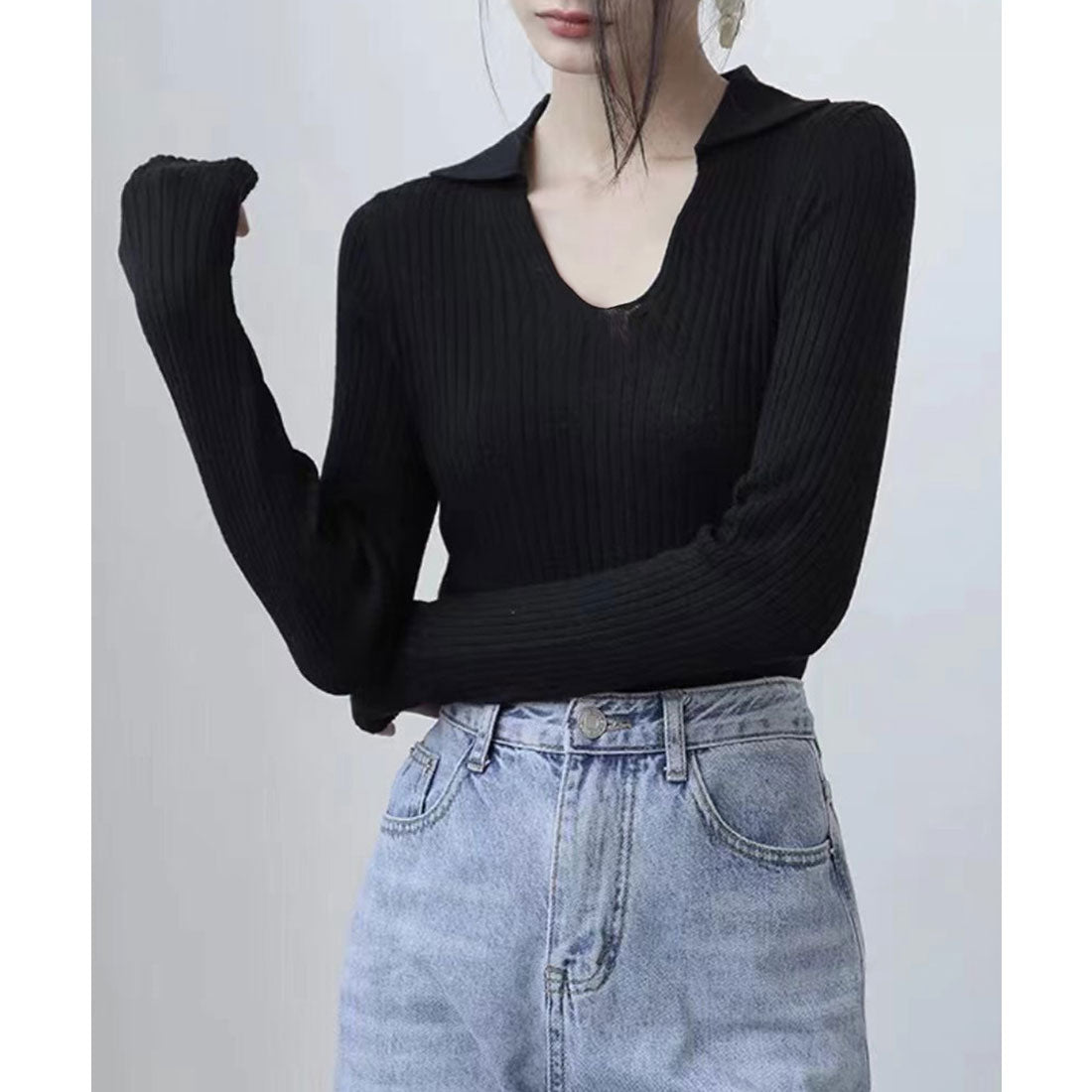 ミニミニストア miniministore リブニットトップス Vネック 春秋冬 （ブラック） ブラック