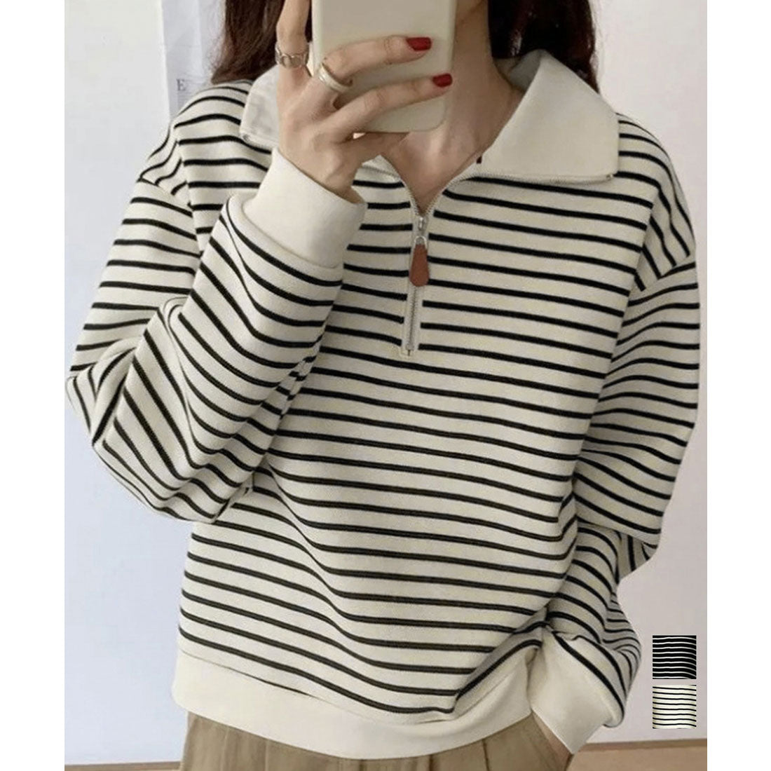 ミニミニストア miniministore ハーフジップニットポロ ボーダートップス （アイボリー） アイボリー