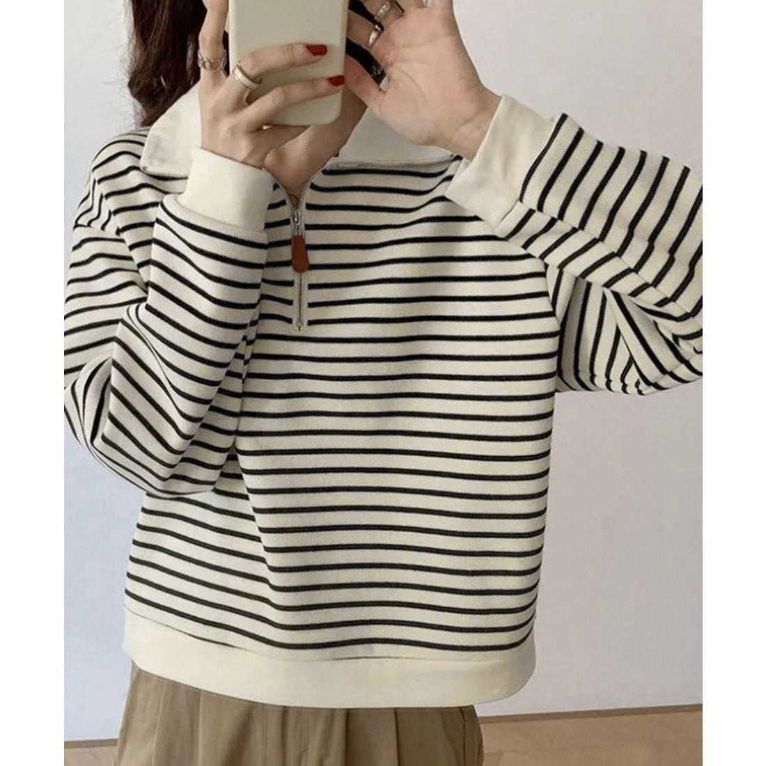 ミニミニストア miniministore ハーフジップニットポロ ボーダートップス （アイボリー） アイボリー