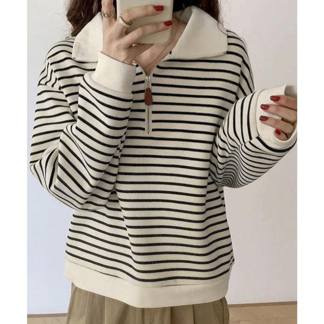 ミニミニストア miniministore ハーフジップニットポロ ボーダートップス （アイボリー） アイボリー