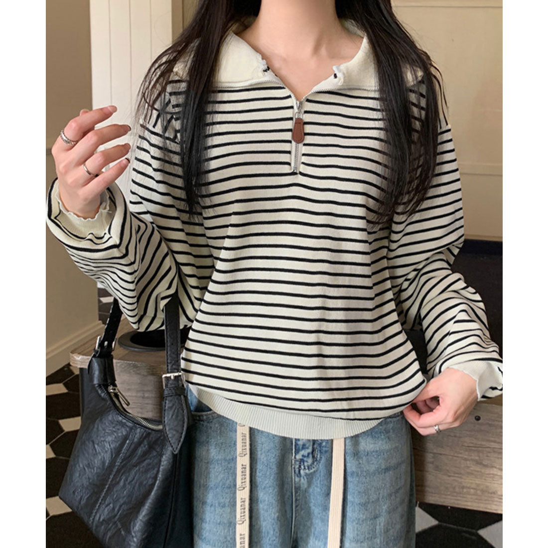 ミニミニストア miniministore ハーフジップニットポロ ボーダートップス （アイボリー） アイボリー