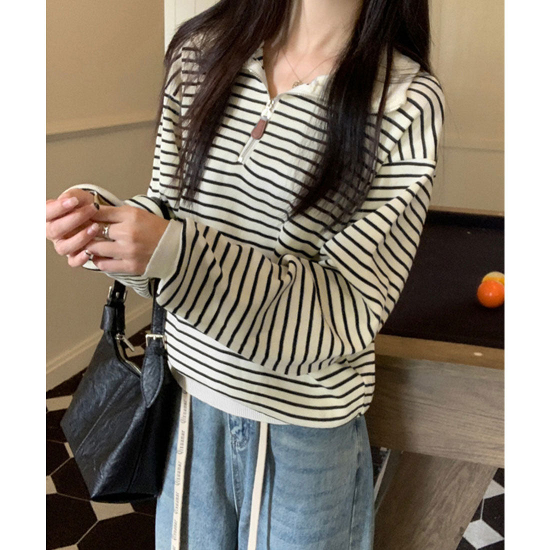 ミニミニストア miniministore ハーフジップニットポロ ボーダートップス （アイボリー） アイボリー
