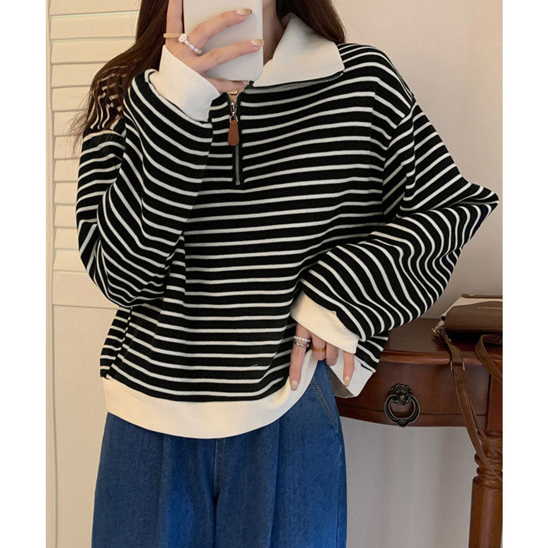 ミニミニストア miniministore ハーフジップニットポロ ボーダートップス （アイボリー） アイボリー
