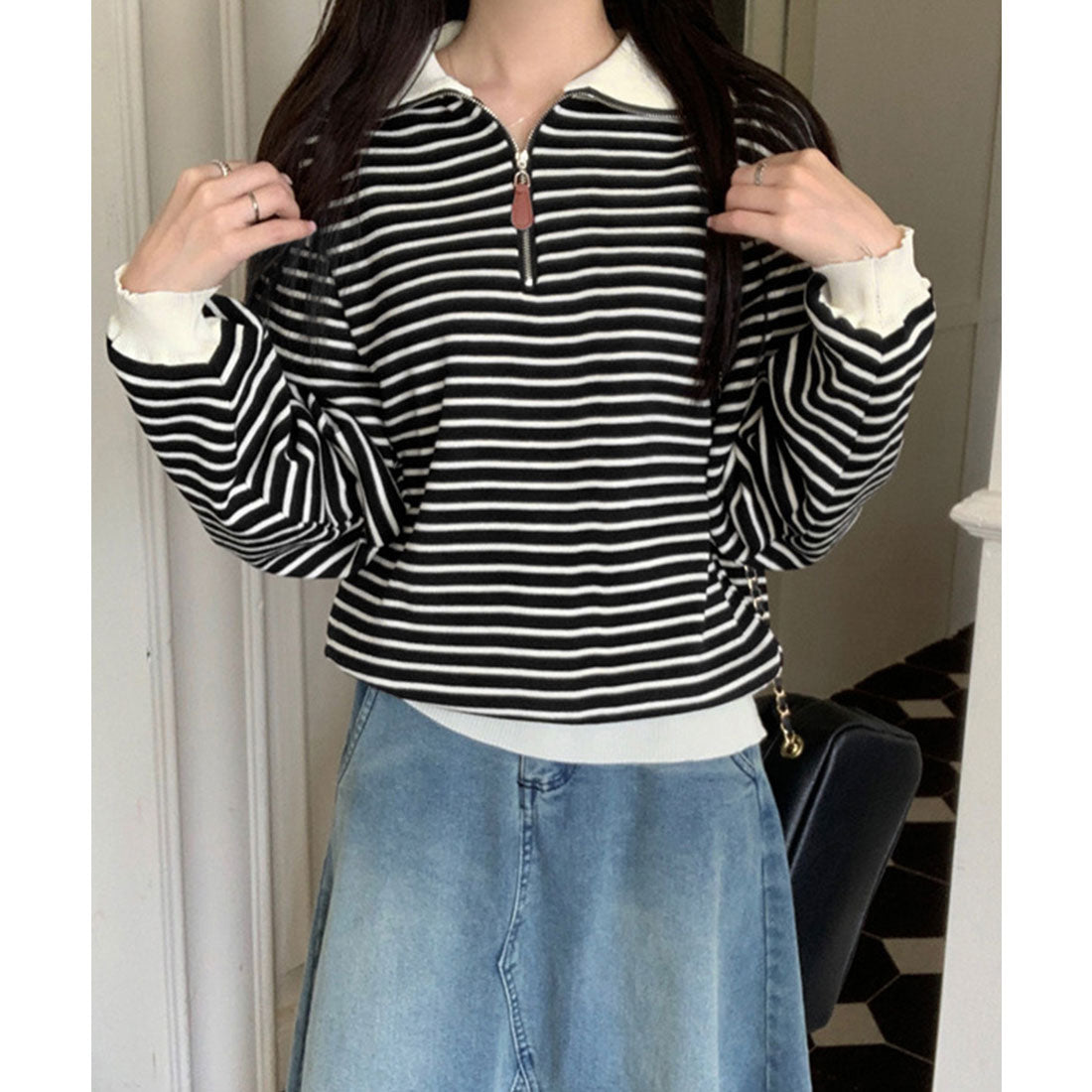 ミニミニストア miniministore ハーフジップニットポロ ボーダートップス （アイボリー） アイボリー