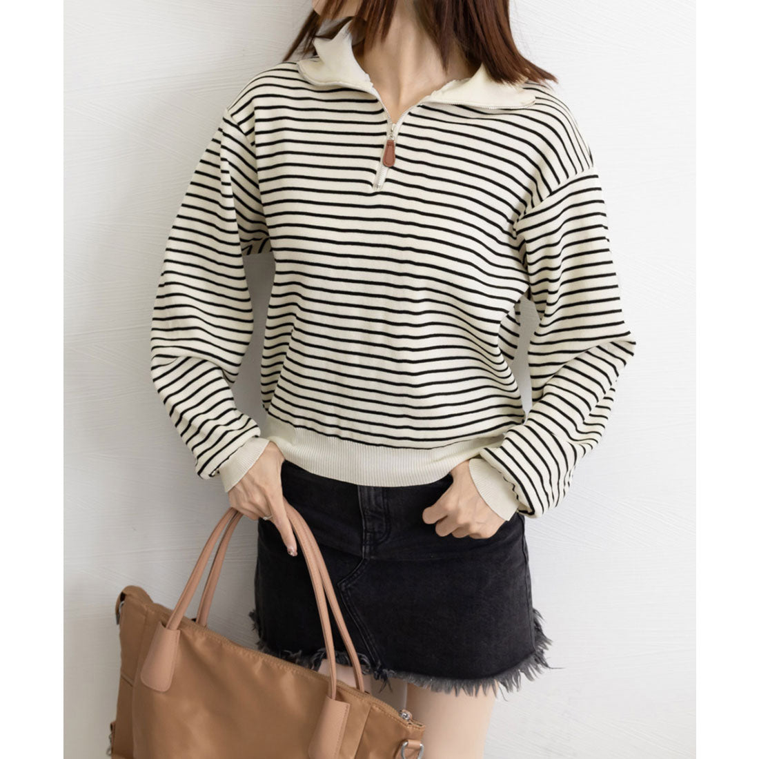 ミニミニストア miniministore ハーフジップニットポロ ボーダートップス （アイボリー） アイボリー