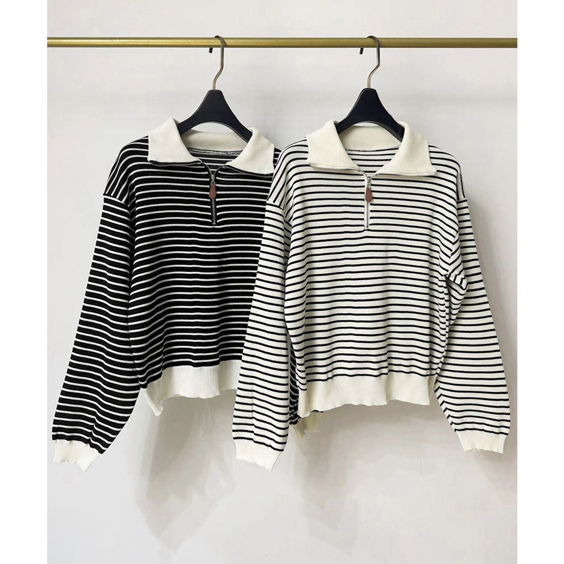 ミニミニストア miniministore ハーフジップニットポロ ボーダートップス （アイボリー） アイボリー