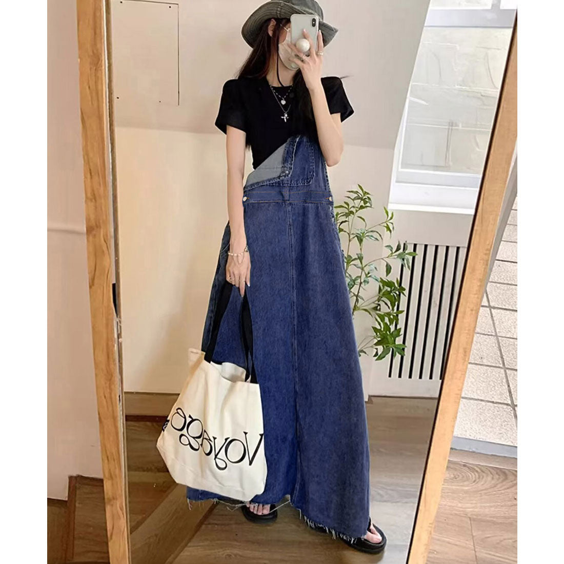 Korean-style denim overall skirt