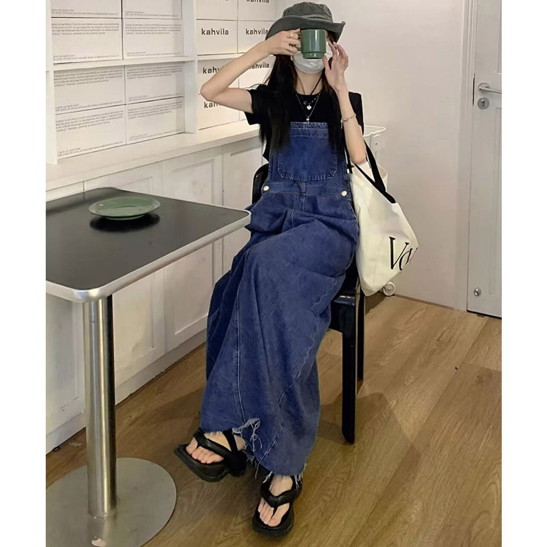 Korean-style denim overall skirt