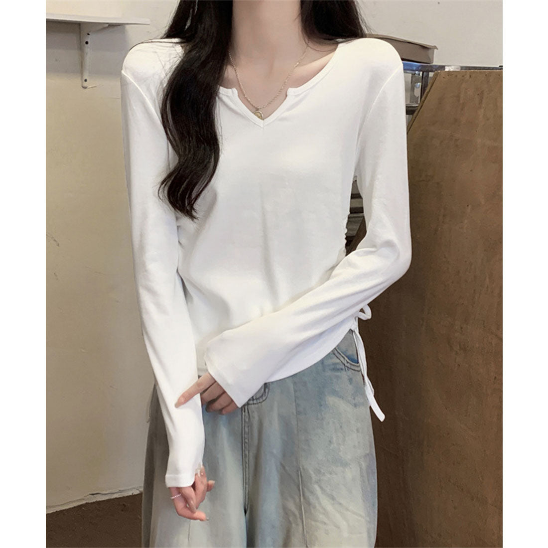 サイドドローストリングTシャツキーネック ダークグレー