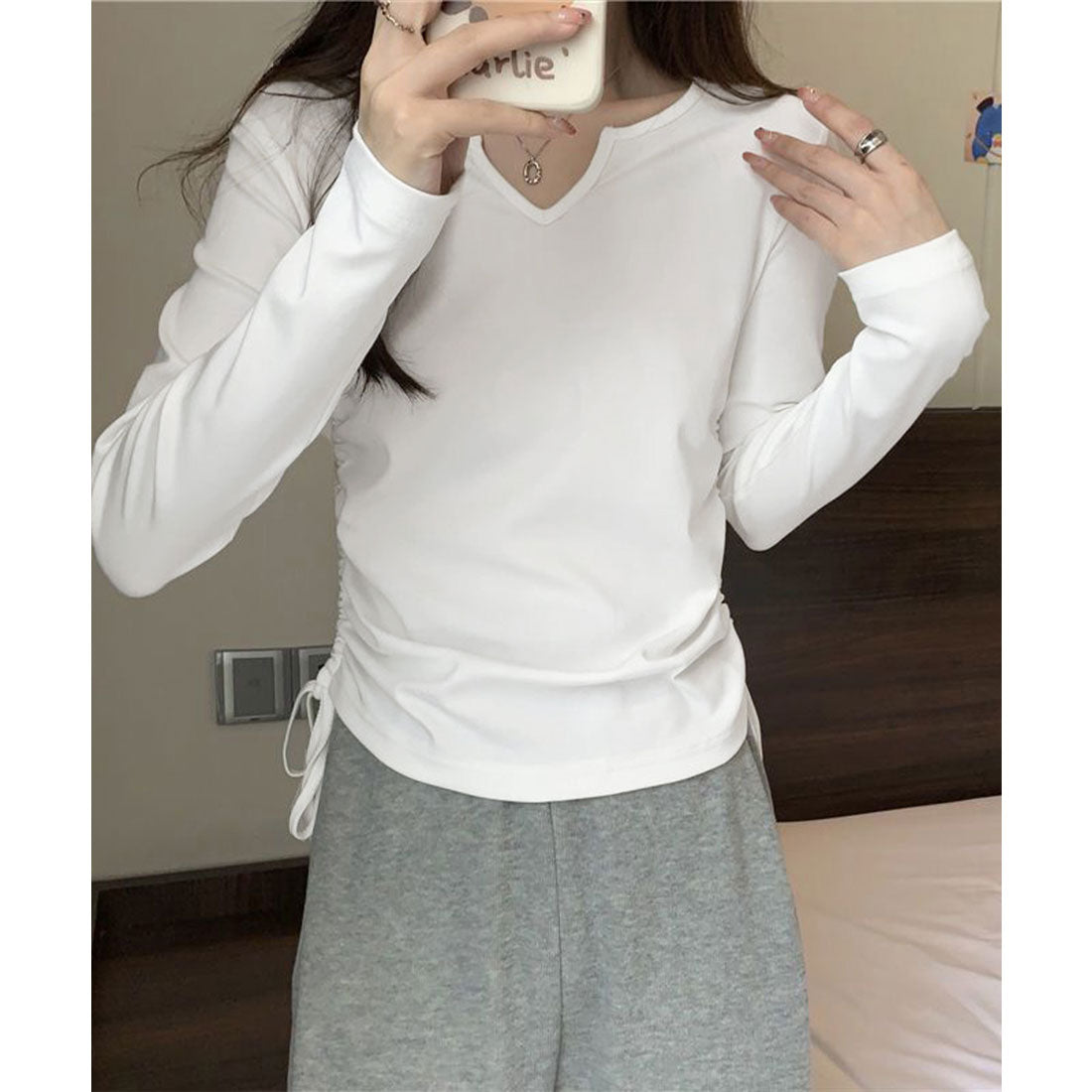 サイドドローストリングTシャツキーネック ダークグレー
