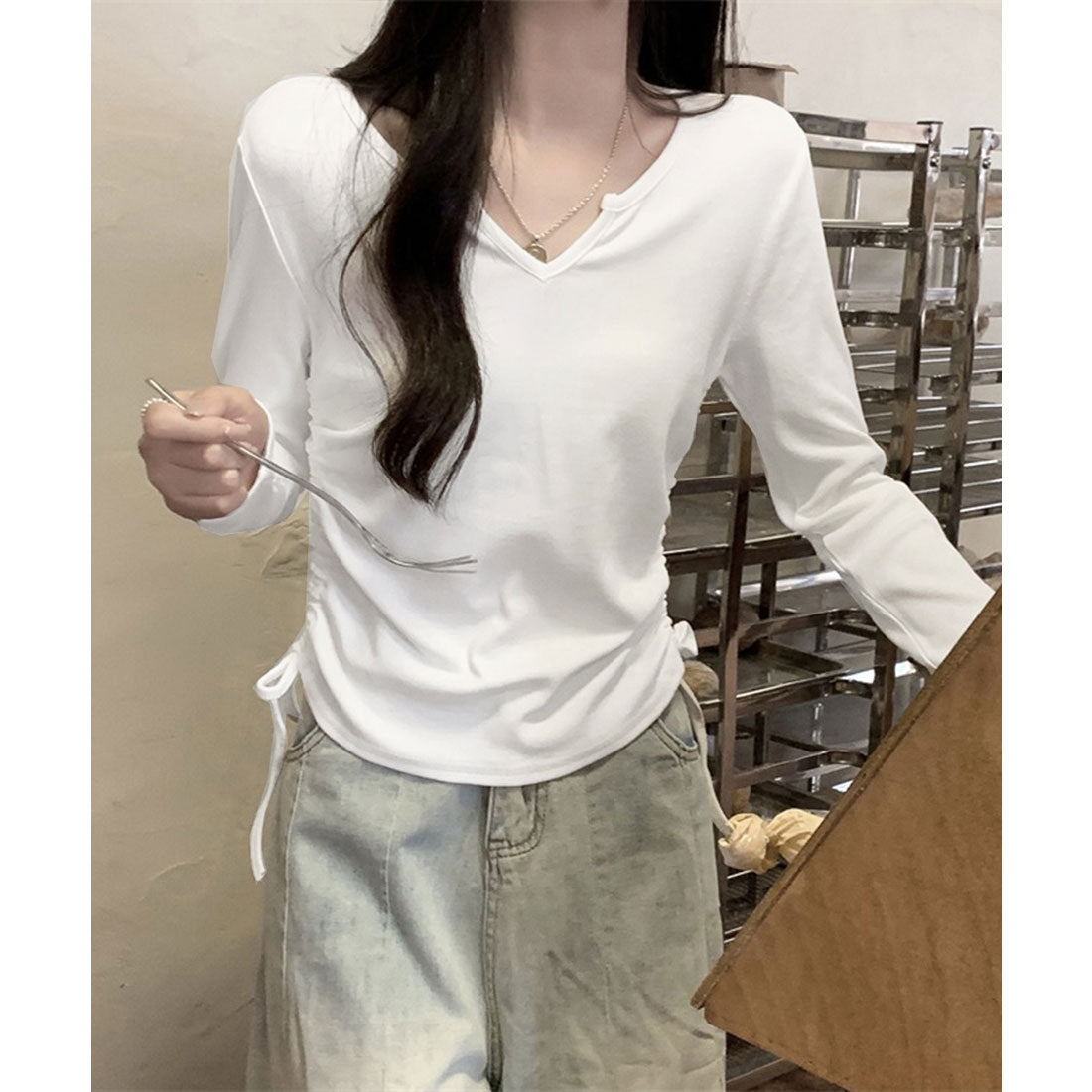 サイドドローストリングTシャツキーネック ダークグレー