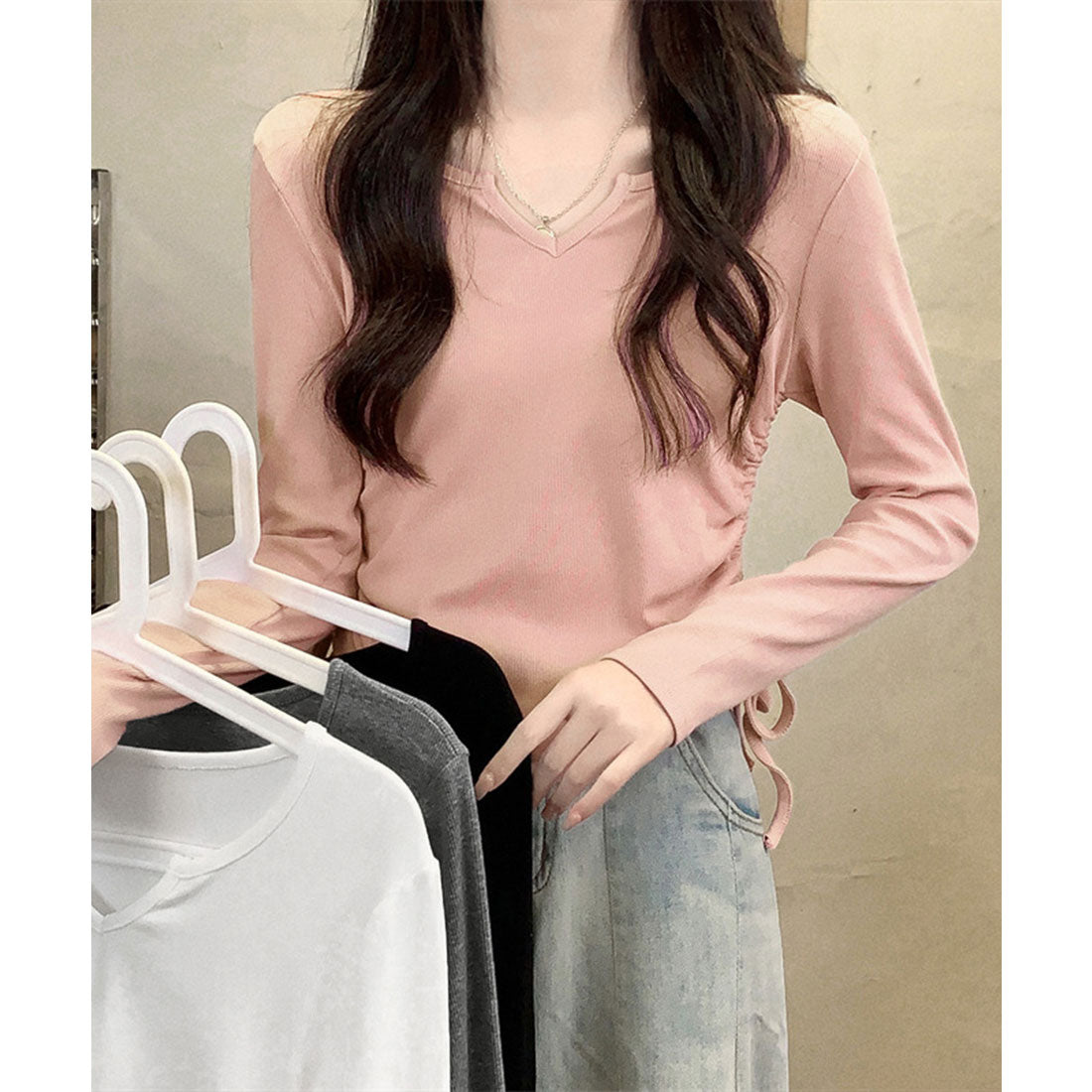 サイドドローストリングTシャツキーネック ダークグレー