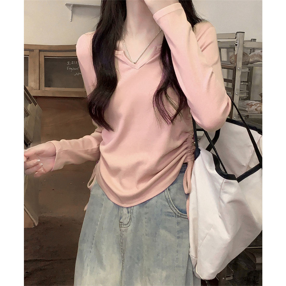 サイドドローストリングTシャツキーネック ダークグレー