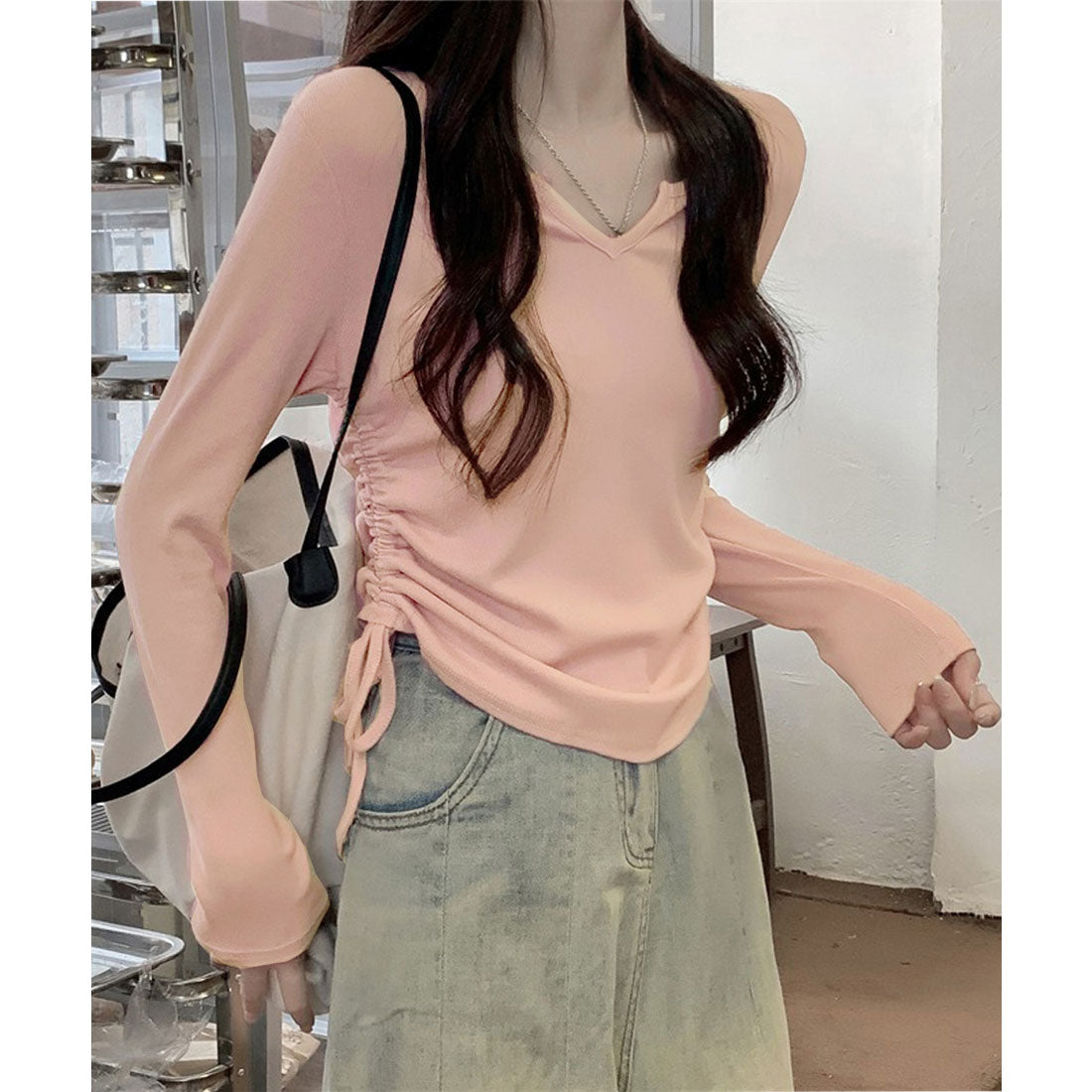 ミニミニストア miniministore サイドドローストリングTシャツキーネック （サーモンピンク） サーモンピンク