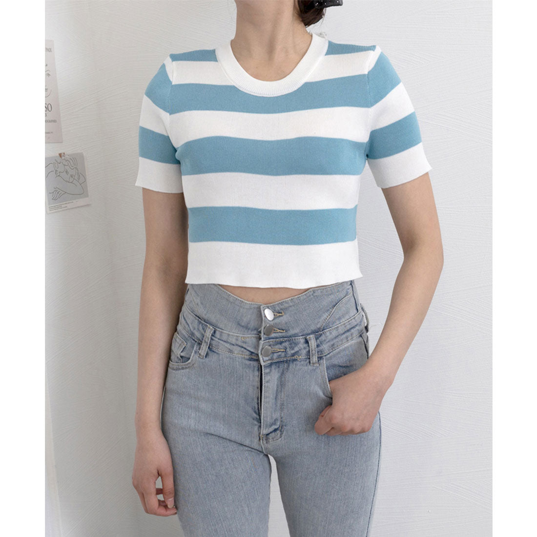 miniministore miniministore summer knit striped short-sleeve knit top