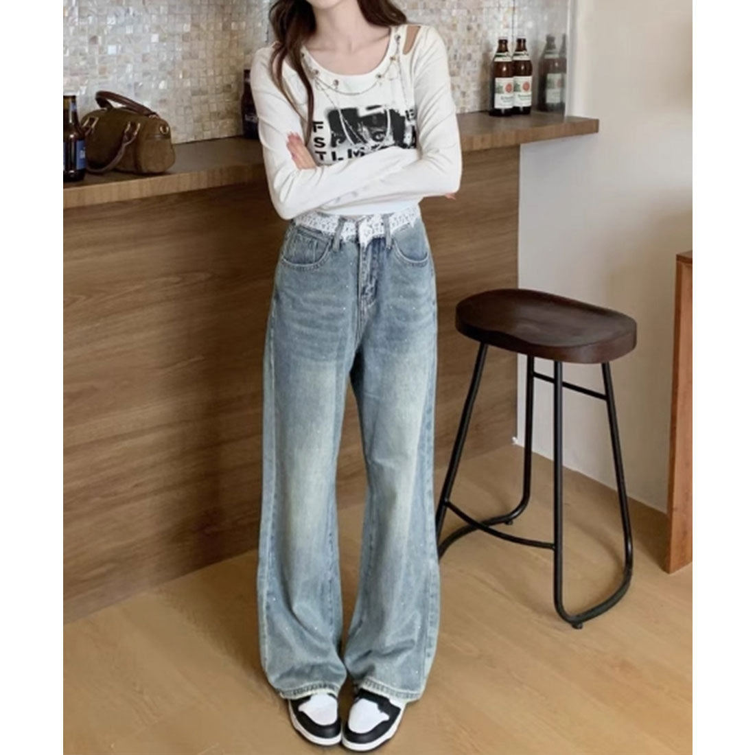 レースウエストデニムパンツビジューデニム サックスブルー