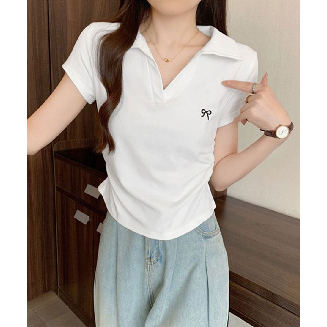 Vネックポロシャツ レディースTシャツ夏 ホワイト