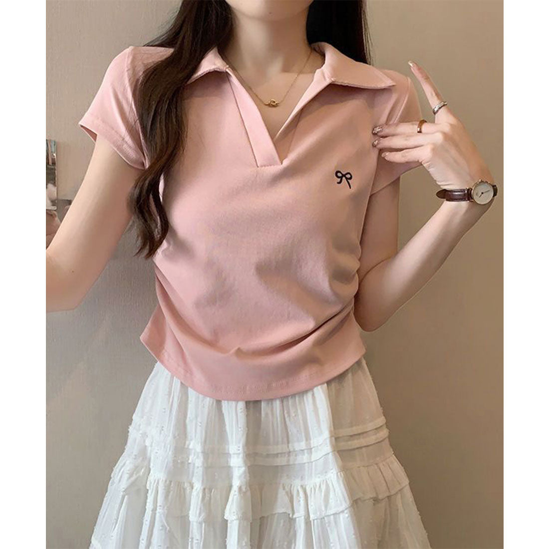Vネックポロシャツ レディースTシャツ夏 ピンク