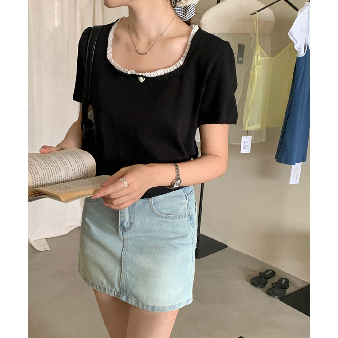 ミニミニストア miniministore スクエアネック サマーニット トップス （ブラック） ブラック