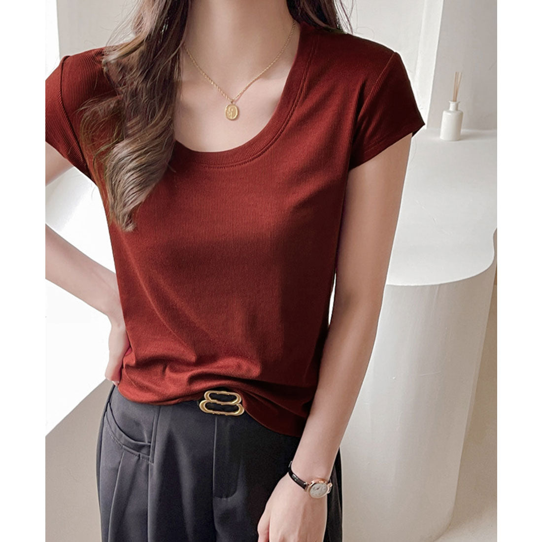 ミニミニストア miniministore UネックTシャツ レディース 半袖 夏服 （ワインレッド） ワインレッド