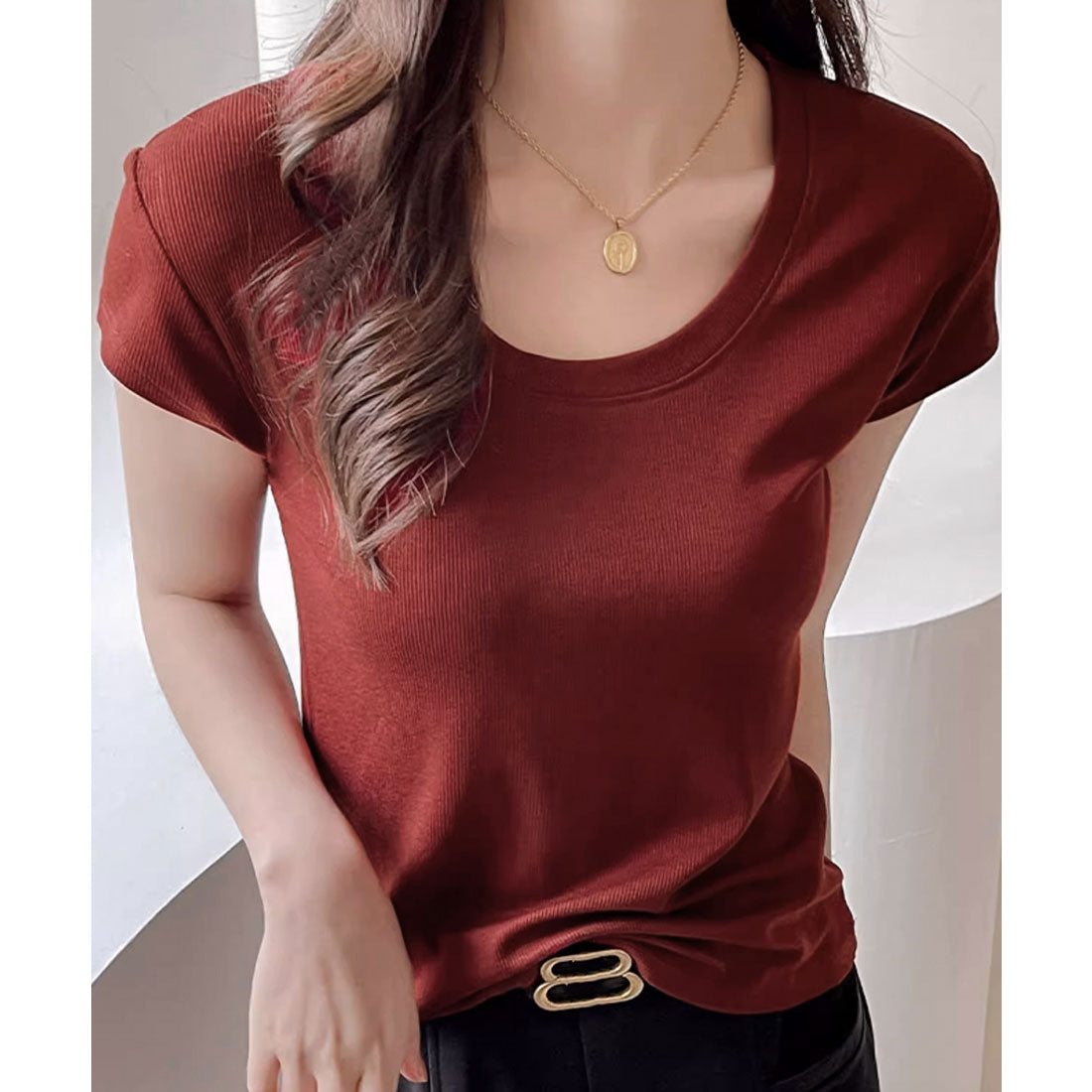 ミニミニストア miniministore UネックTシャツ レディース 半袖 夏服 （ワインレッド） ワインレッド