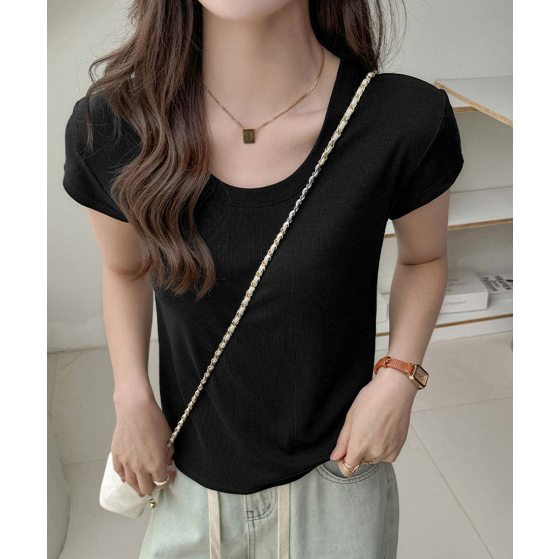ミニミニストア miniministore UネックTシャツ レディース 半袖 夏服 （ブラック） ブラック