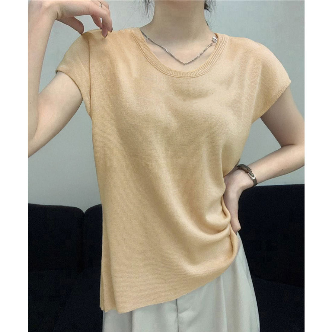 ニットTシャツ レディース 韓国風 夏服 ベージュ