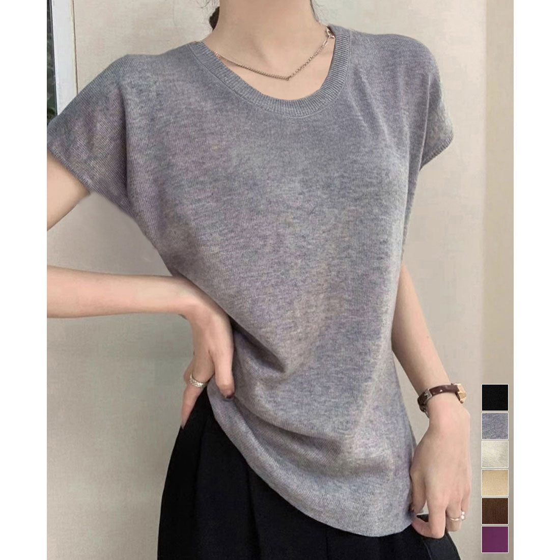 ミニミニストア miniministore ニットTシャツ レディース 韓国風 夏服 （ベージュ） ベージュ
