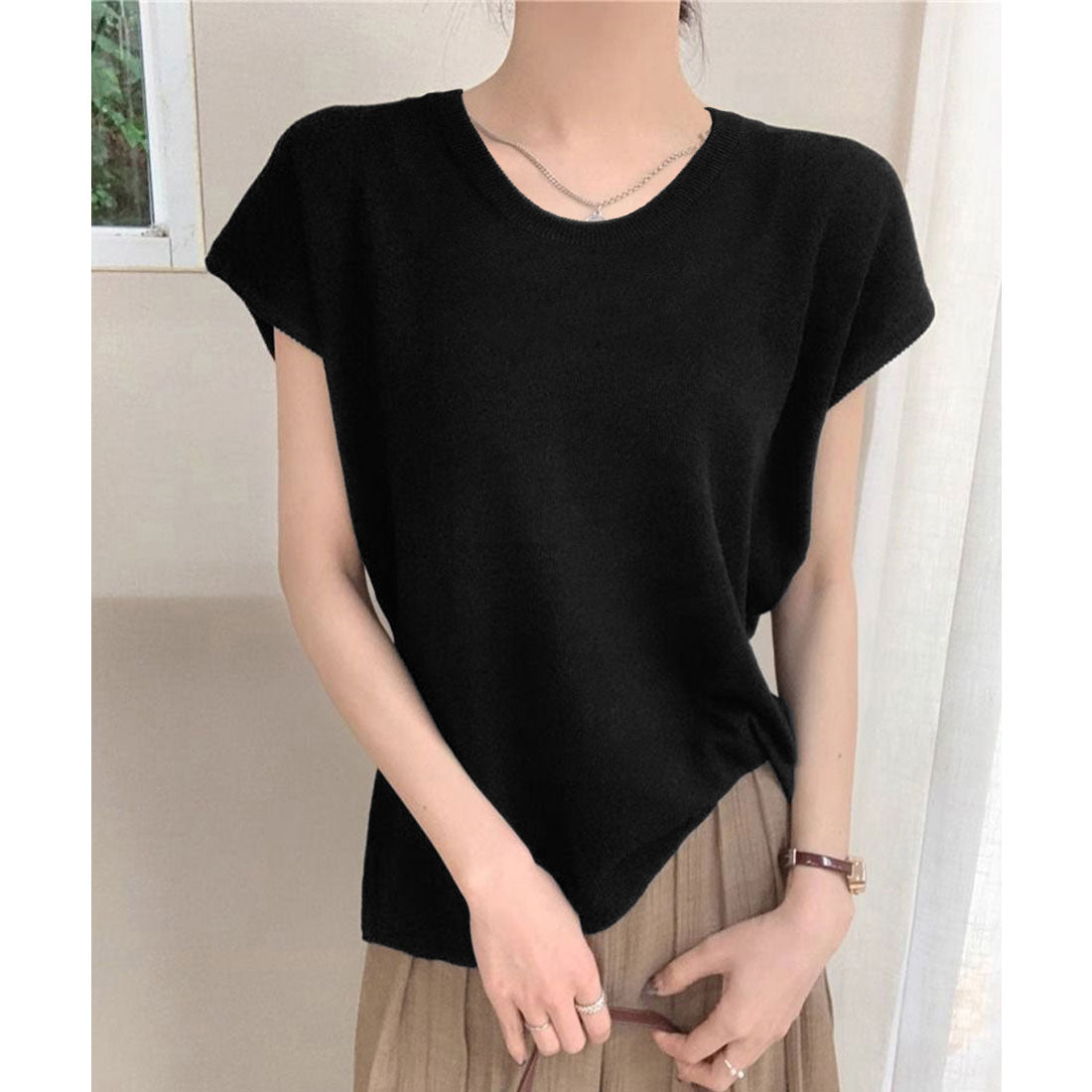 ミニミニストア miniministore ニットTシャツ レディース 韓国風 夏服 （ベージュ） ベージュ