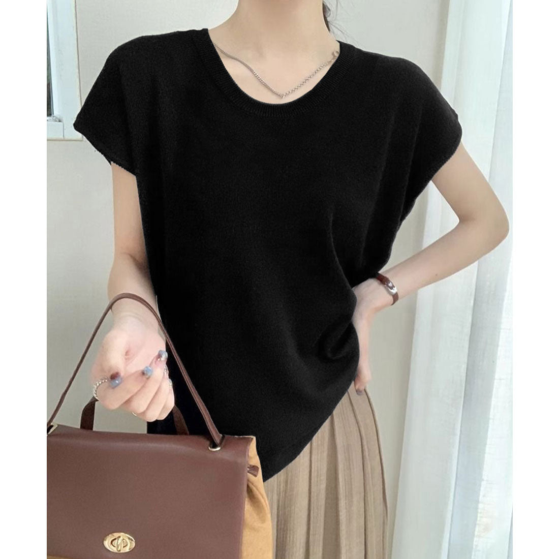 ミニミニストア miniministore ニットTシャツ レディース 韓国風 夏服 （ベージュ） ベージュ