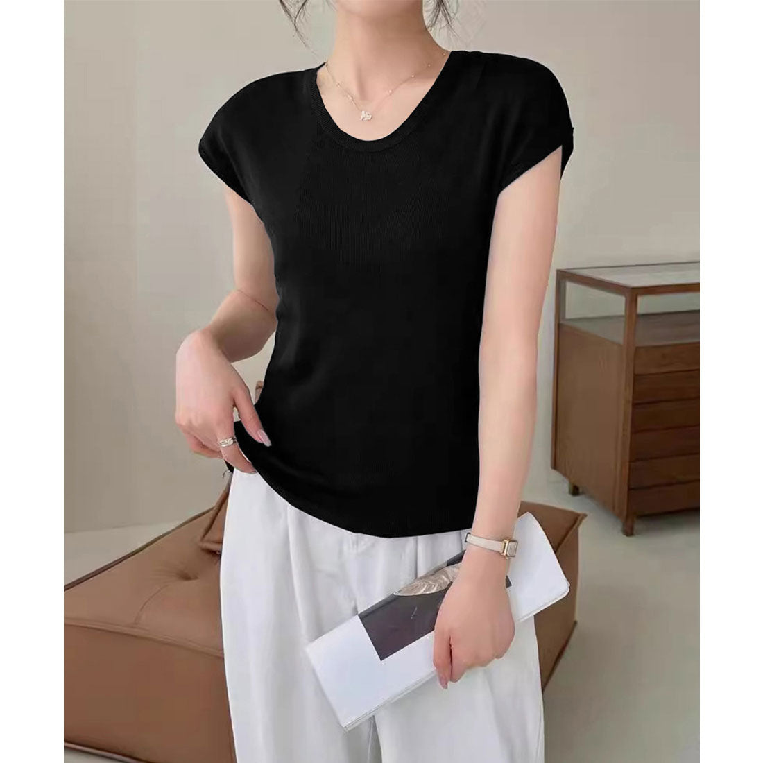 ミニミニストア miniministore ニットTシャツ レディース 韓国風 夏服 （ベージュ） ベージュ