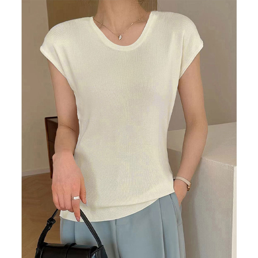 ミニミニストア miniministore ニットTシャツ レディース 韓国風 夏服 （ベージュ） ベージュ