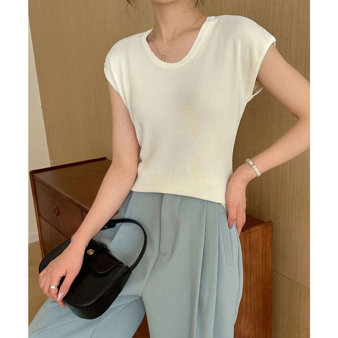 ミニミニストア miniministore ニットTシャツ レディース 韓国風 夏服 （ベージュ） ベージュ