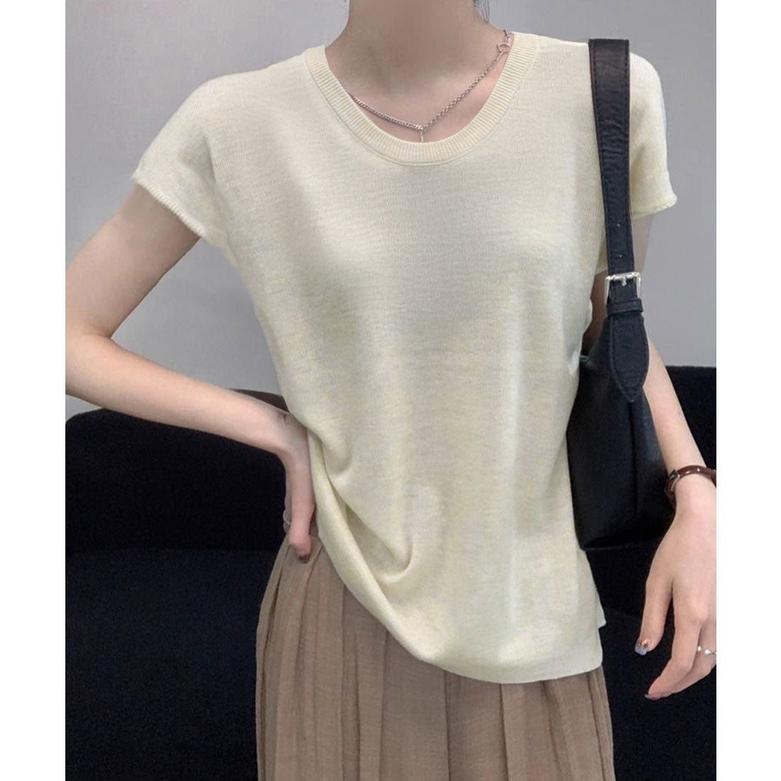 ミニミニストア miniministore ニットTシャツ レディース 韓国風 夏服 （ベージュ） ベージュ