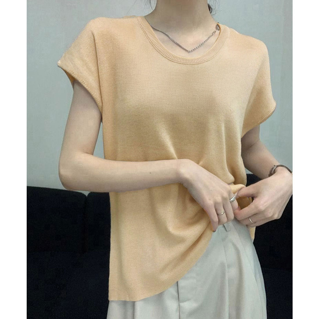ミニミニストア miniministore ニットTシャツ レディース 韓国風 夏服 （ベージュ） ベージュ