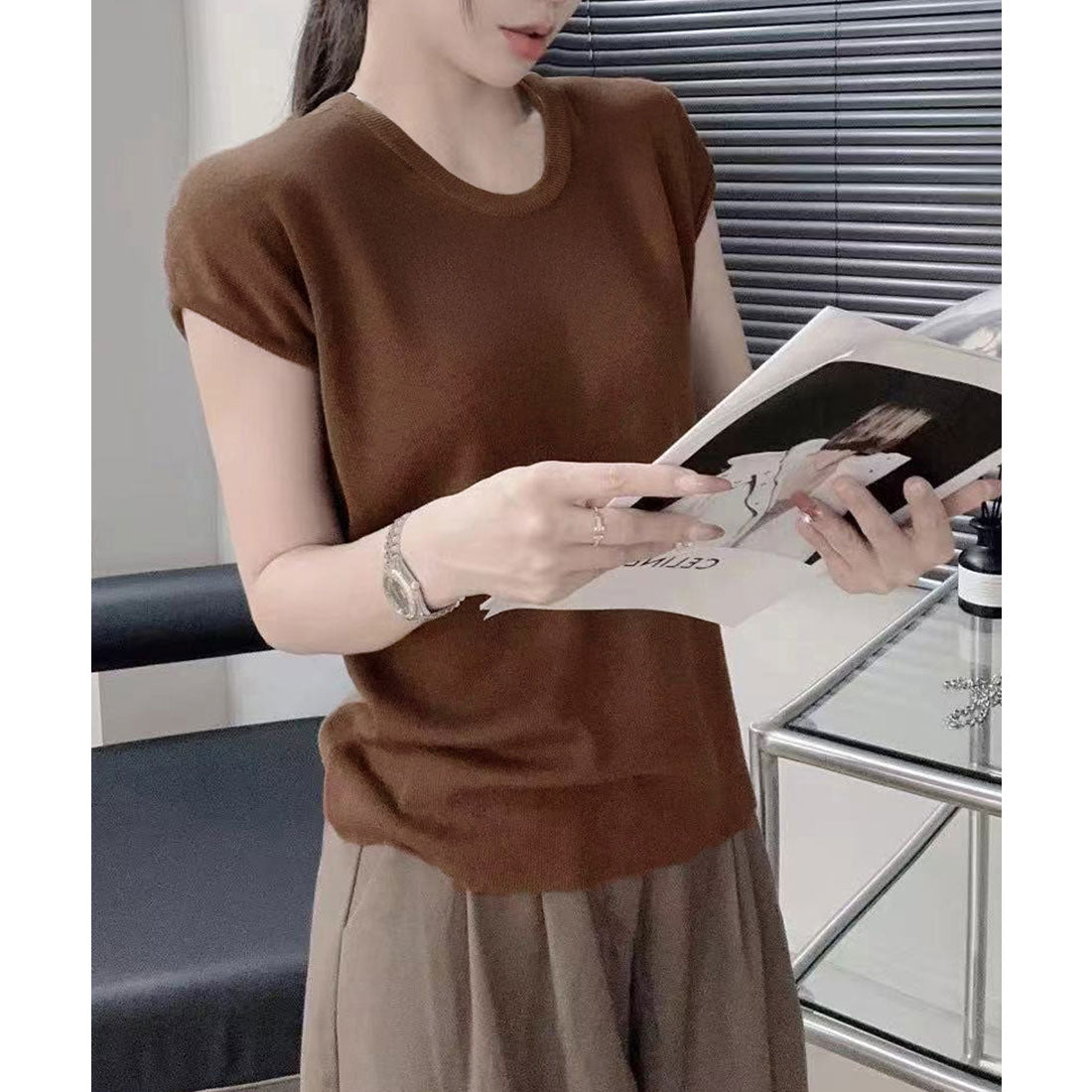ミニミニストア miniministore ニットTシャツ レディース 韓国風 夏服 （ベージュ） ベージュ