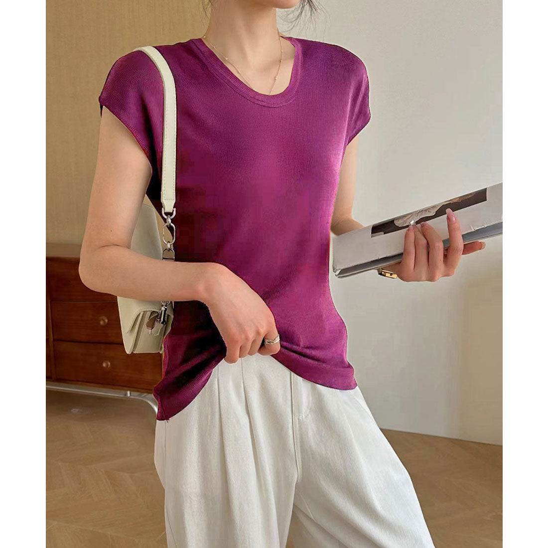 ミニミニストア miniministore ニットTシャツ レディース 韓国風 夏服 （ベージュ） ベージュ