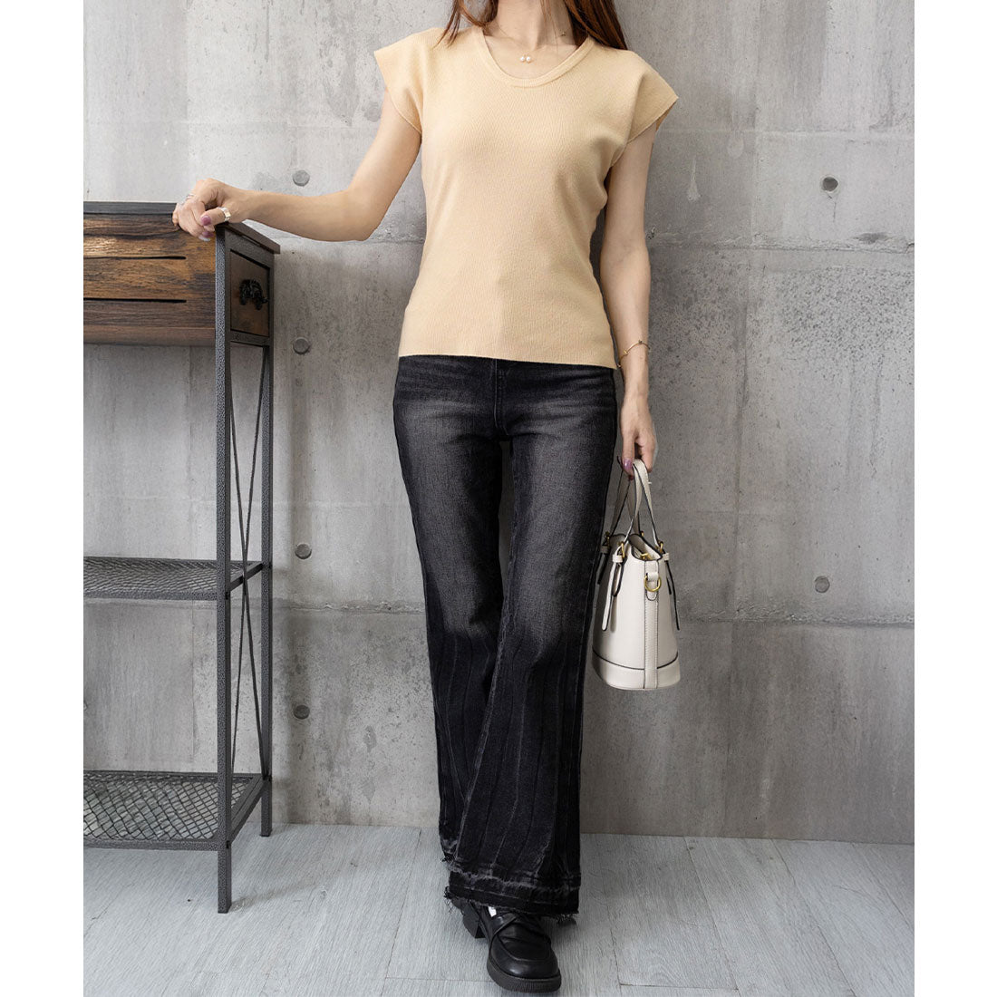 ミニミニストア miniministore ニットTシャツ レディース 韓国風 夏服 （ベージュ） ベージュ