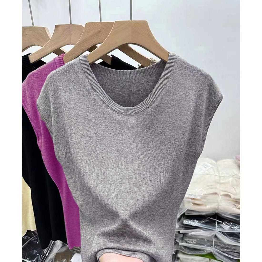 ミニミニストア miniministore ニットTシャツ レディース 韓国風 夏服 （ベージュ） ベージュ