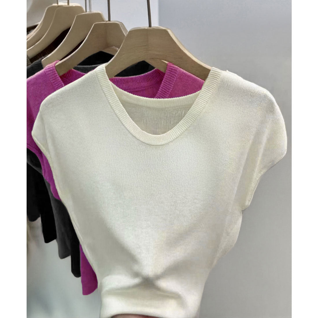 ニットTシャツ レディース 韓国風 夏服 ベージュ