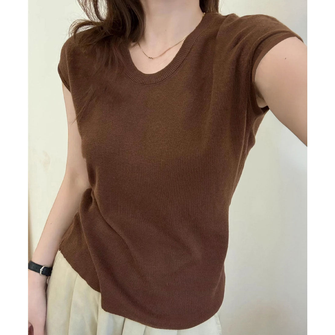 ニットTシャツ レディース 韓国風 夏服 ブラウン
